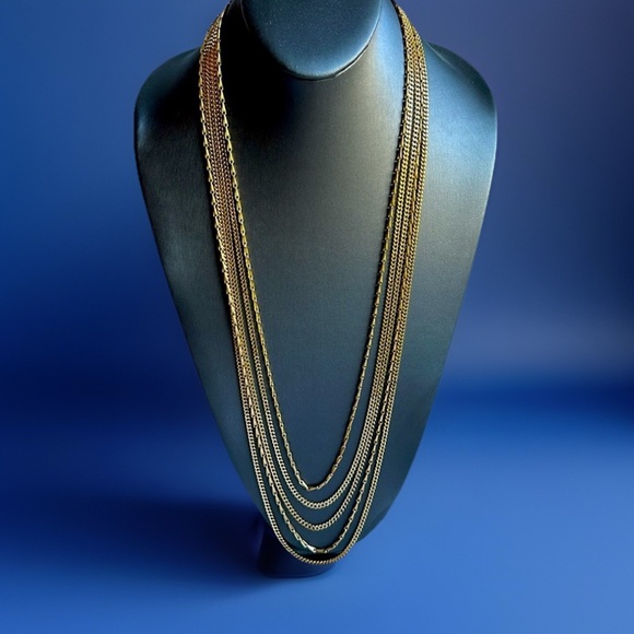 VTG Monet 5 Strand Layered Gold Tone Chain Link Necklace 27β to 32β Chains - Picture 2 of 7